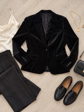 ✨️New York & Company Black Velvet Single Button Fitted Blazer Jacket 8✨️
